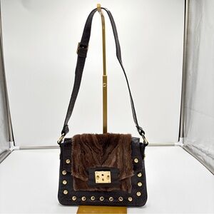 Vtg Y2K Whimsigoth Facondini Brown Leather Fur Croc Embossed Gold Studded Purse